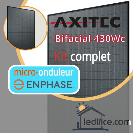 Kit photovoltaïque 8.6 kW Axitec TOPCon N-TYPE 430Wc Biverre Fond Noir avec 20 panneaux Axitec TOPCon N-TYPE 430Wc Biverre bifacial - Cadre noir Fond Noir, TRIPHASE
