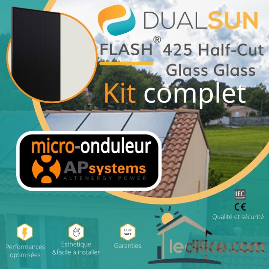 Kit photovoltaïque 3.825 kW Dualsun FLASH Half-Cut TR avec 9 panneaux Dualsun FLASH 425 Half-Cut Transparent, TRIPHASE avec micro-onduleur APSystems