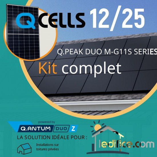 Kit photovoltaïque - 2,49 kW avec 6 panneaux QCells 415Wc G11S Mono Cadre noir - Garantie 12/25 ans 