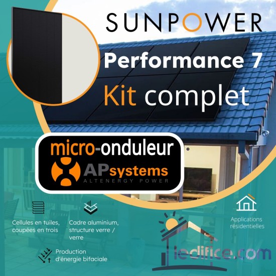 Kit photovoltaïque 4.95 kW SUNPOWER Performance 7 Bifacial avec 11 panneaux Sunpower Performance 7 450Wc , cadre noir, Biverre Bifacial, TRIPHASE avec micro-onduleur APSystems