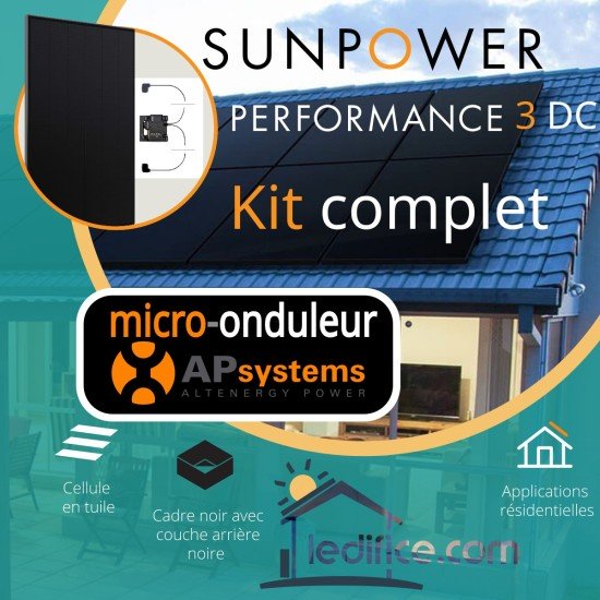 Kit photovoltaïque 4.86 kW SUNPOWER Performance 6 DC avec 12 panneaux Sunpower Performance 6 DC 405Wc , Full Black  avec micro-onduleur APSystems