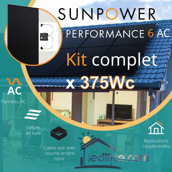 Kit photovoltaïque 3 kW SUNPOWER Performance 6 AC avec 8 panneaux Sunpower Performance 6 AC 375Wc , Full Black, micro-onduleur Enphase IQ8-A incorporé, TRIPHASE